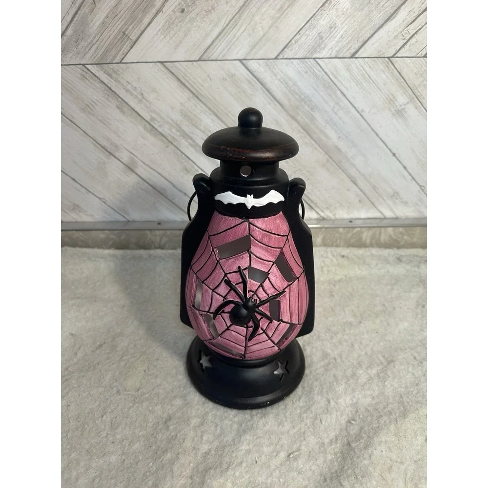 Halloween Pink Spider Web Lantern Tealight Candle Holder with Bat & Spider